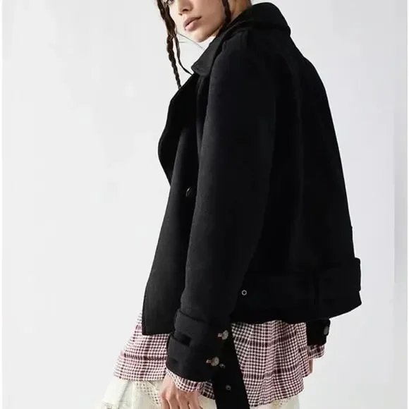 Free People Manteau Cecelia Peacoat Button Front Buckle Detail Black M $348 - Picture 3 of 16